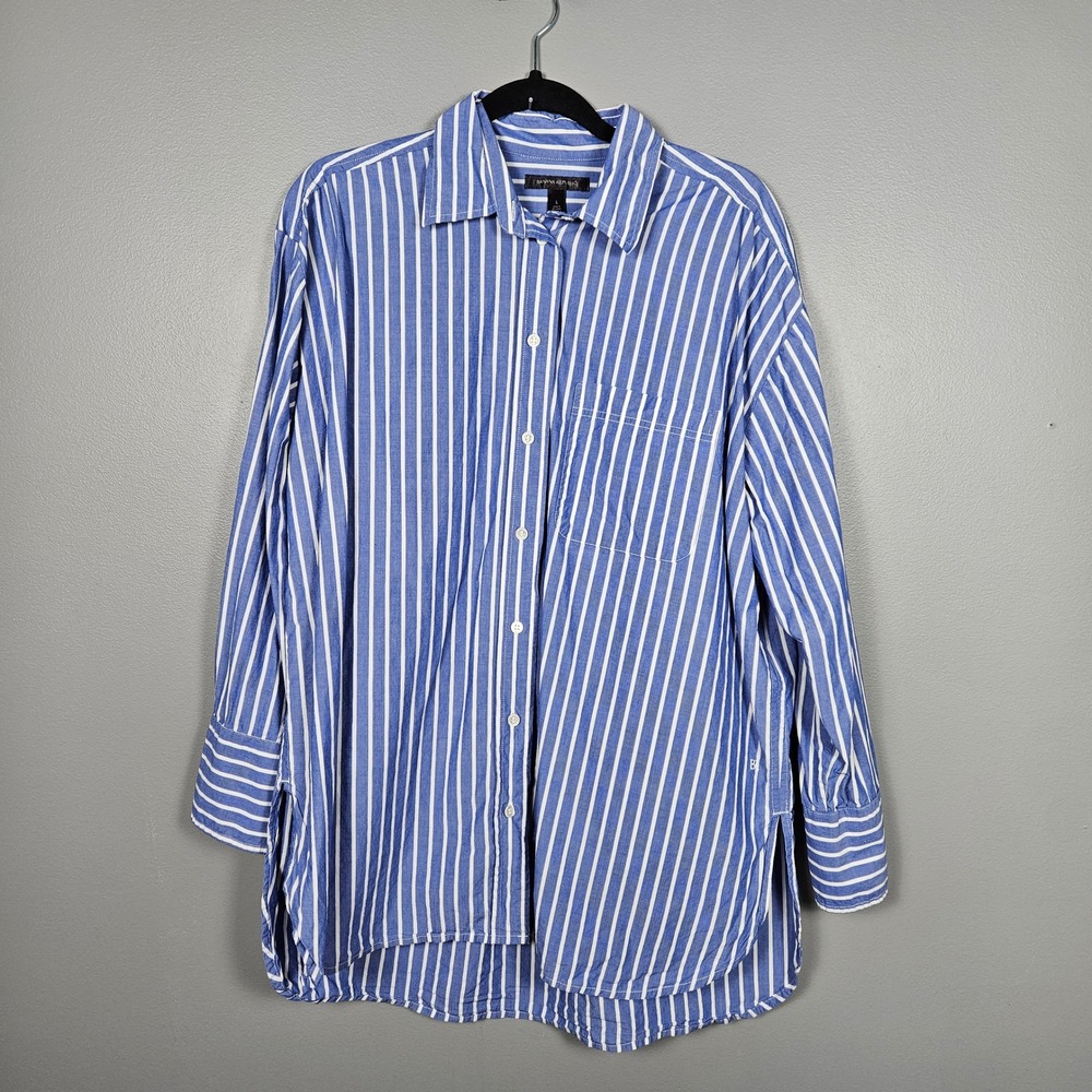 Banana Republic Womens L Oversized Button Up Shirt Blue White Striped Cotton